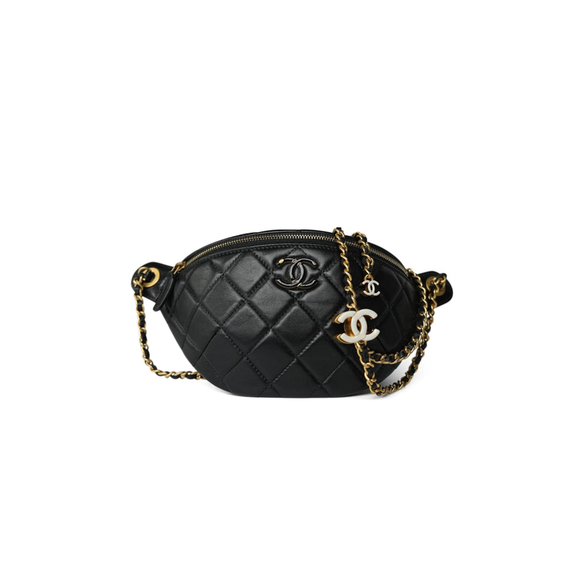 CHANEL 24A BLACK LAMBSKIN QUILTED WAIST BAG BUMBAG ENAMEL CC CHAIN AGED GOLD HARDWARE AS4113 (27*13cm)